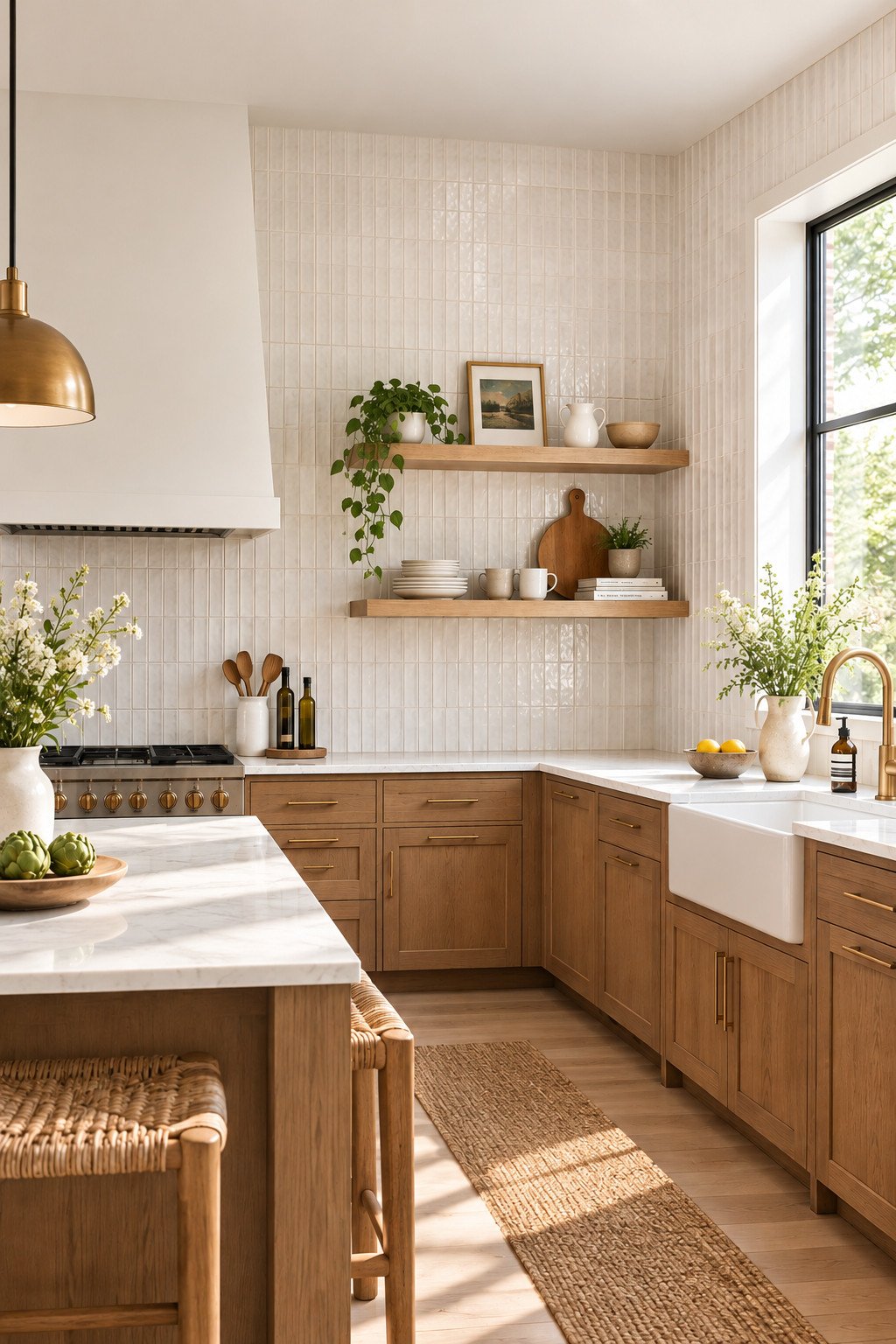 Modern kitchen without upper cabinets with full-height tile backsplash and open wood shelving