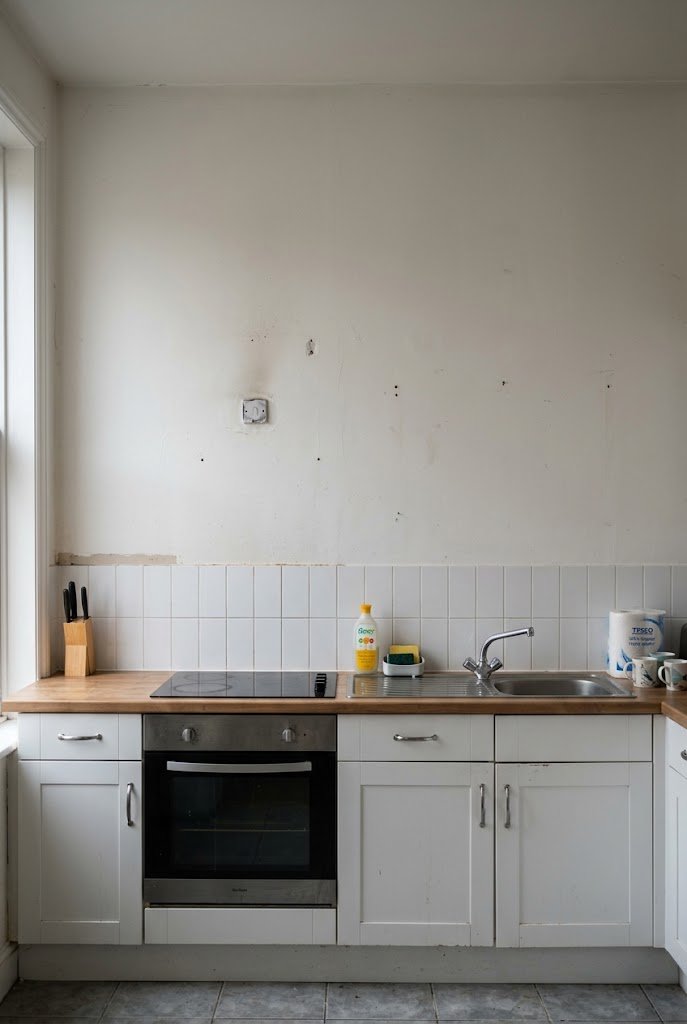 Kitchen without upper cabinets with an empty, unstyled wall above the counter