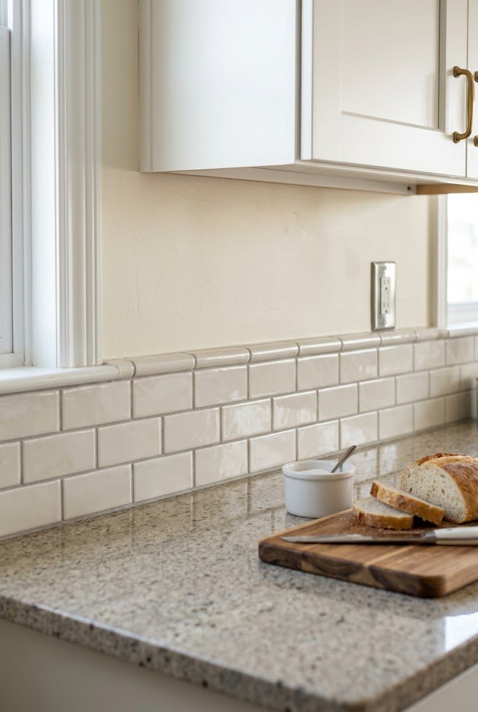 Kitchen backsplash tile stopping short above the counter, leaving an unfinished gap