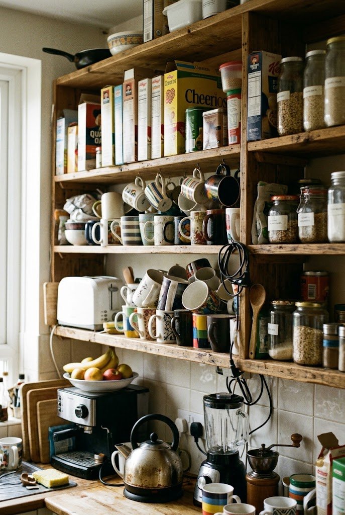 Cluttered open kitchen shelving with mismatched mugs and small appliances