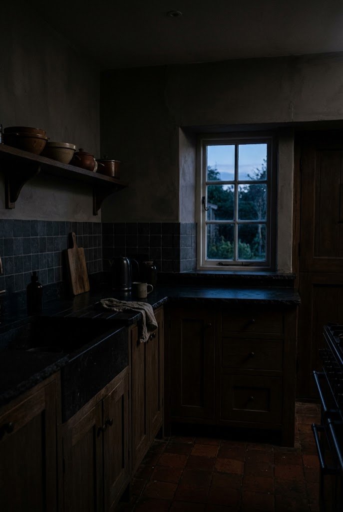 Dimly lit kitchen counter without task lighting after removing upper cabinets