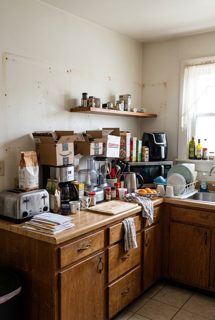 Kitchen counter cluttered with appliances due to lost upper cabinet storage