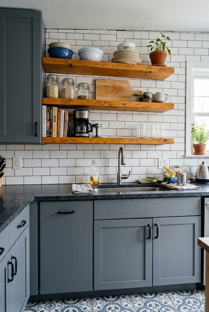 Kitchen with mismatched wood tones between lower cabinets and open shelving