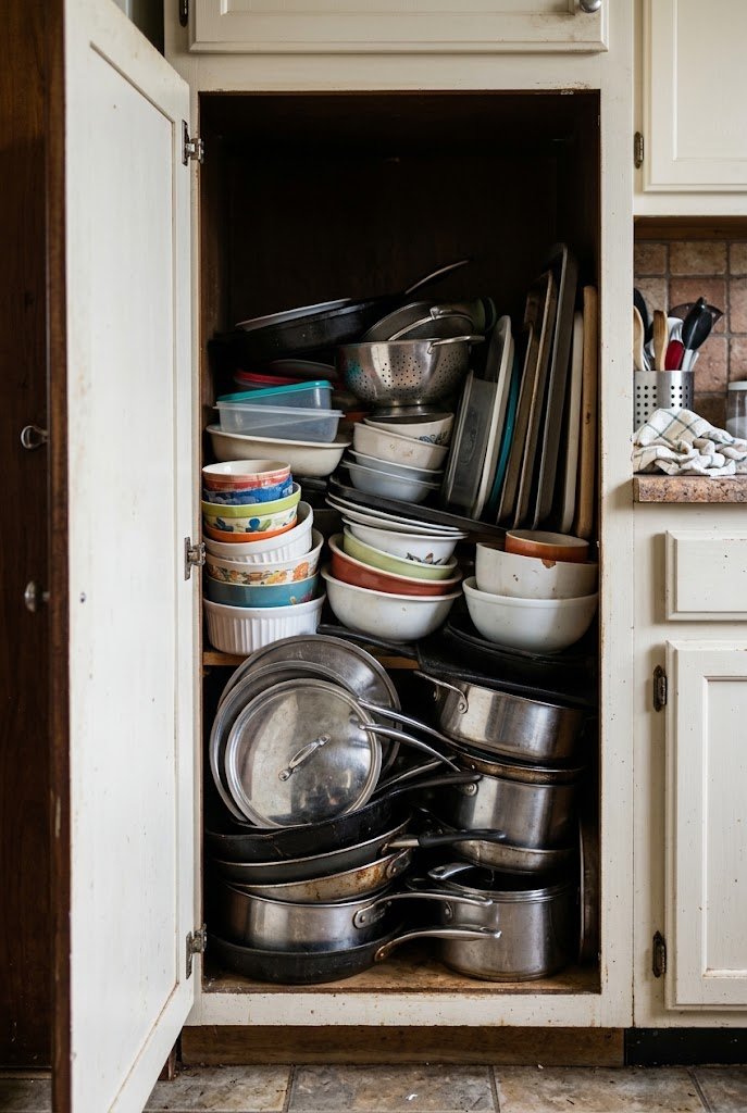 Overcrowded kitchen drawer stuffed with cookware and dishware