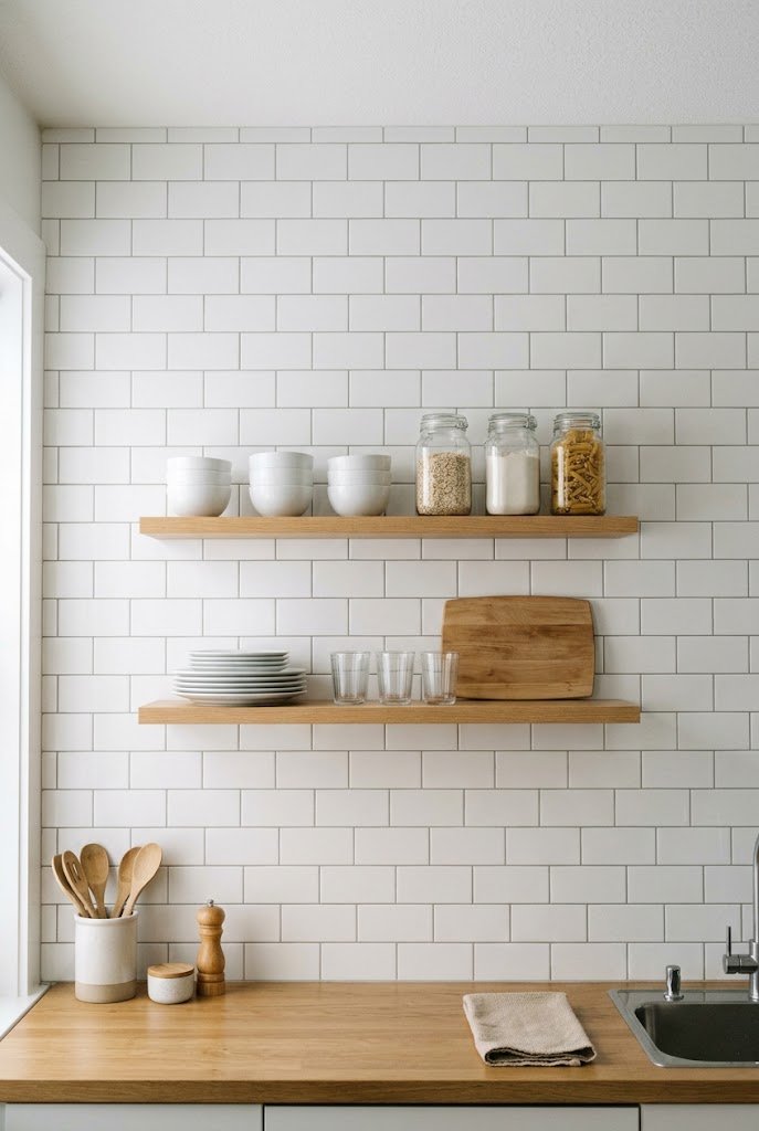 Kitchen wall with tidy tile and shelving but no focal point or anchor piece