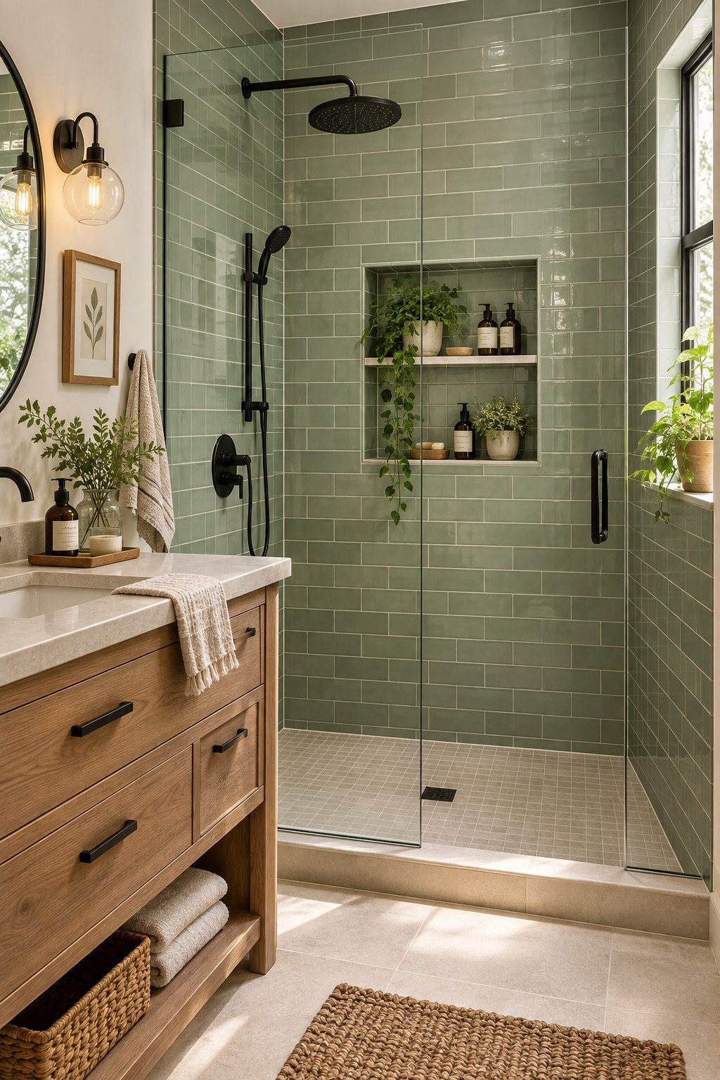 Bathroom shower tile ideas shown in a spa-like walk-in shower with sage green tile