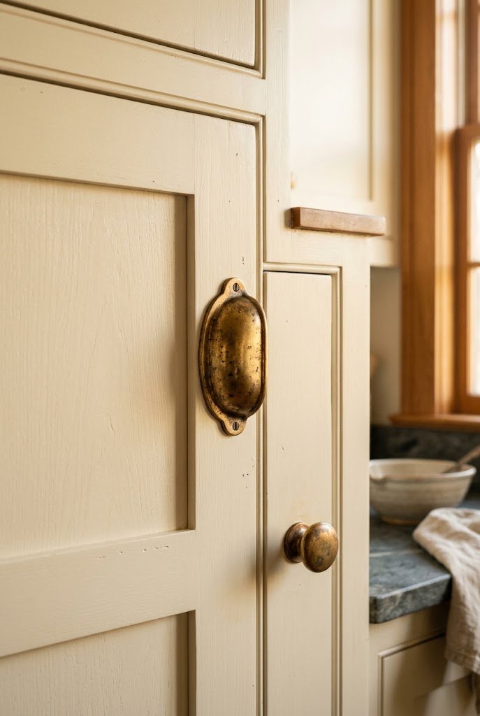 Brass and gold cabinet hardware accents on cream kitchen cabinets