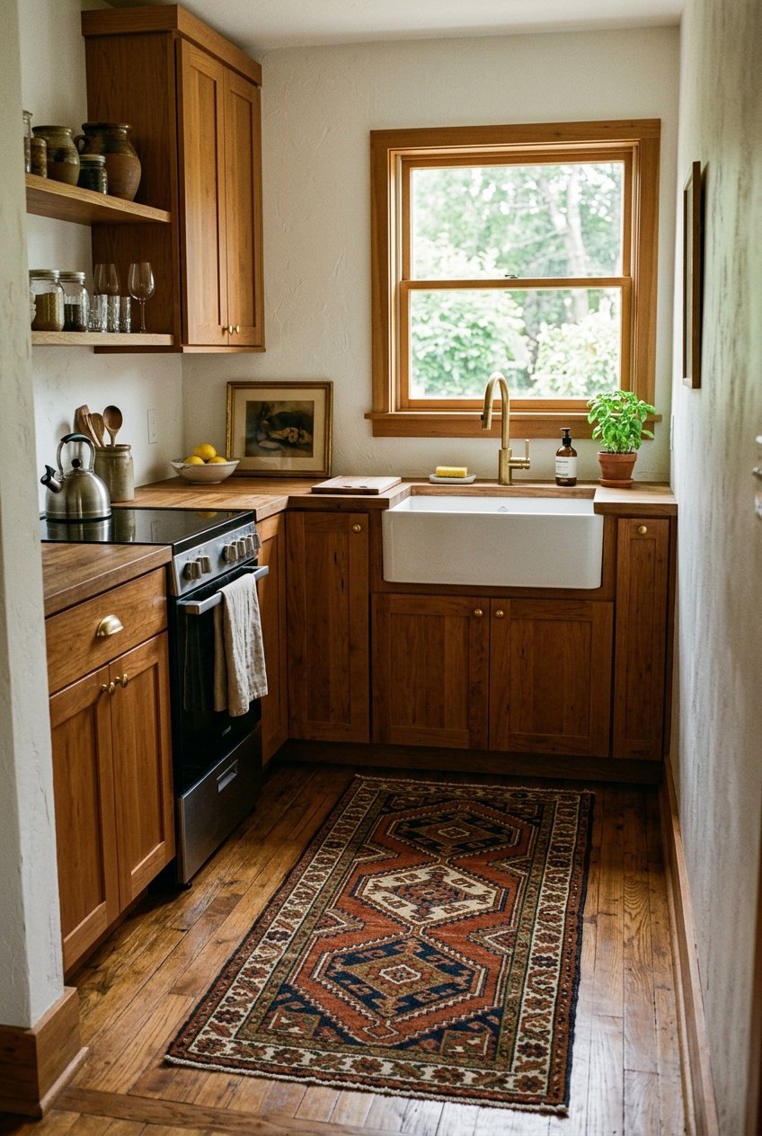 Bold patterned rug placed in front of a small kitchen sink
