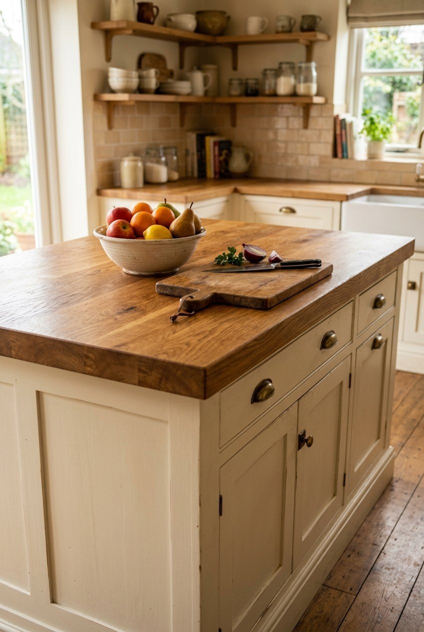 Butcher block wood top kitchen island with warm grain
