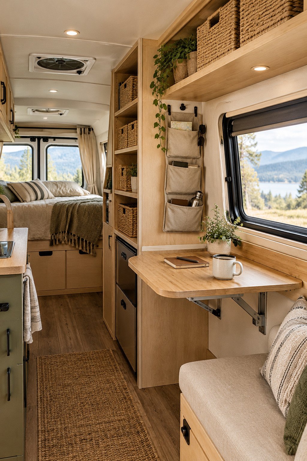Camper organization ideas shown in a neatly organized camper interior with storage bins and hanging shelves