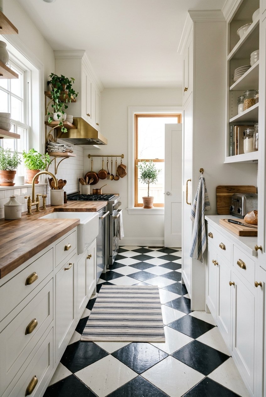 Classic black and white checkerboard tile flooring in a kitchen