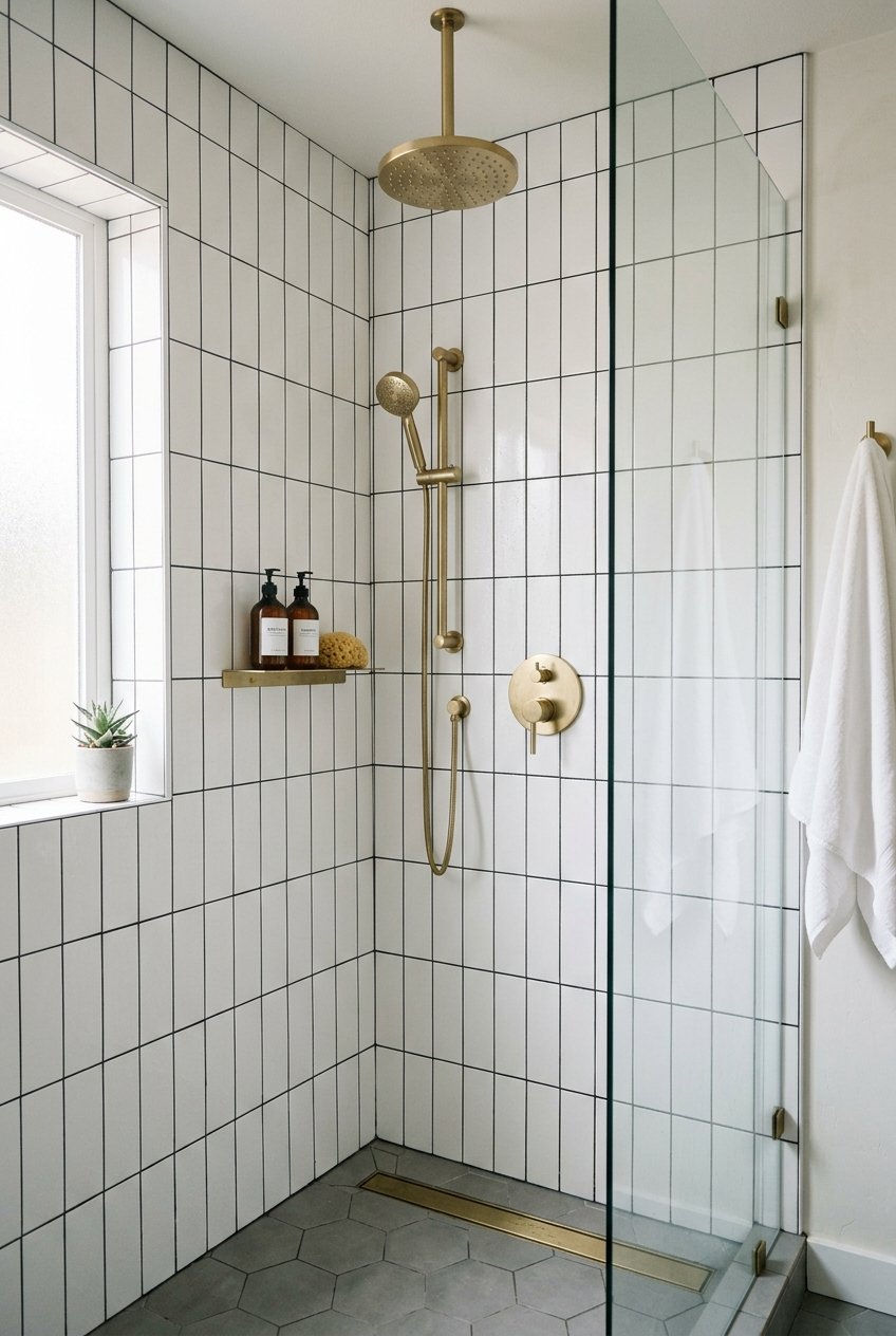 Classic white subway tile shower with a modern herringbone accent