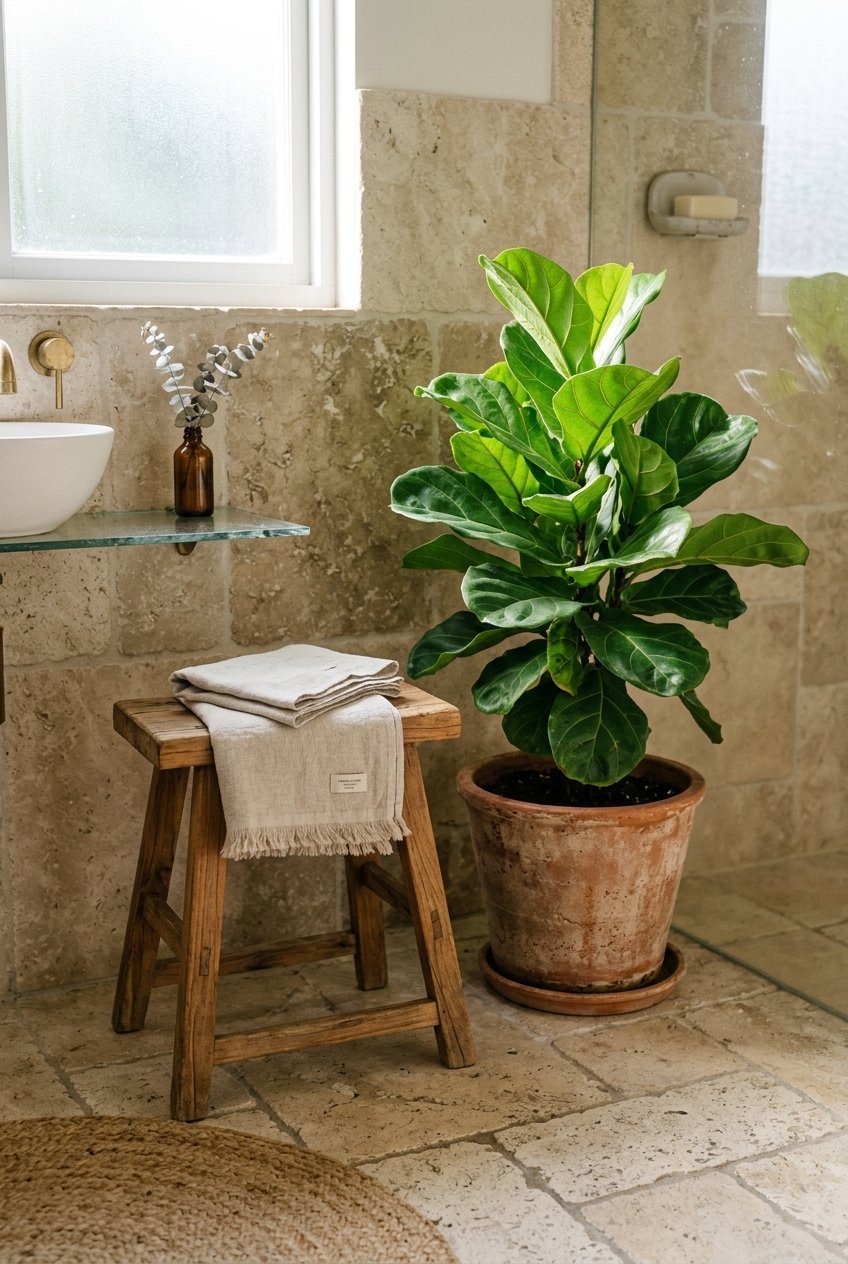 Curated greenery and natural textures styled in a luxury bathroom