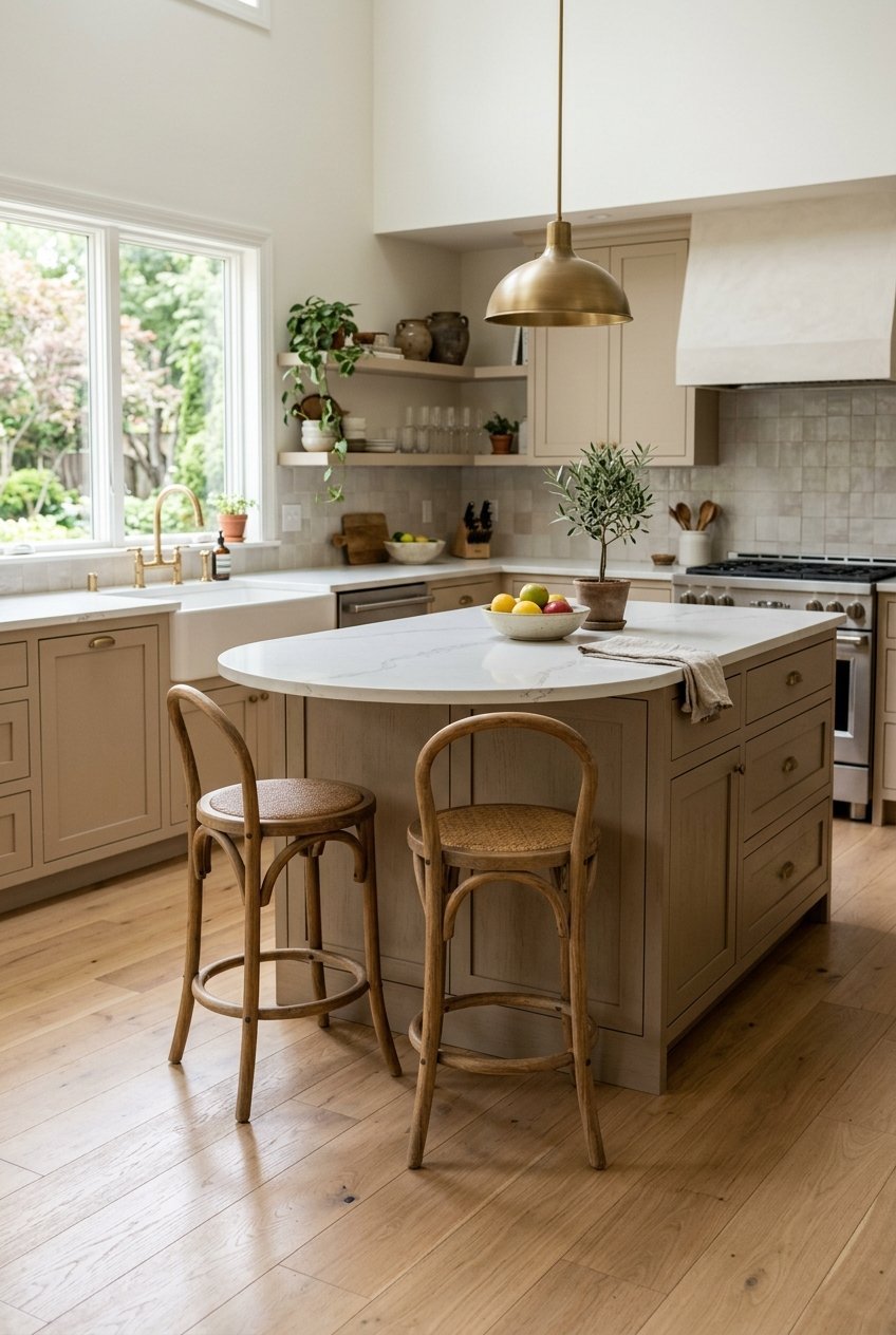 Curved rounded kitchen island improving flow in an open kitchen