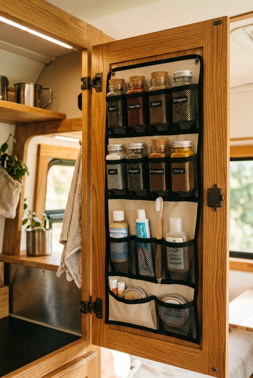Door mounted organizers holding spices and small items in a camper