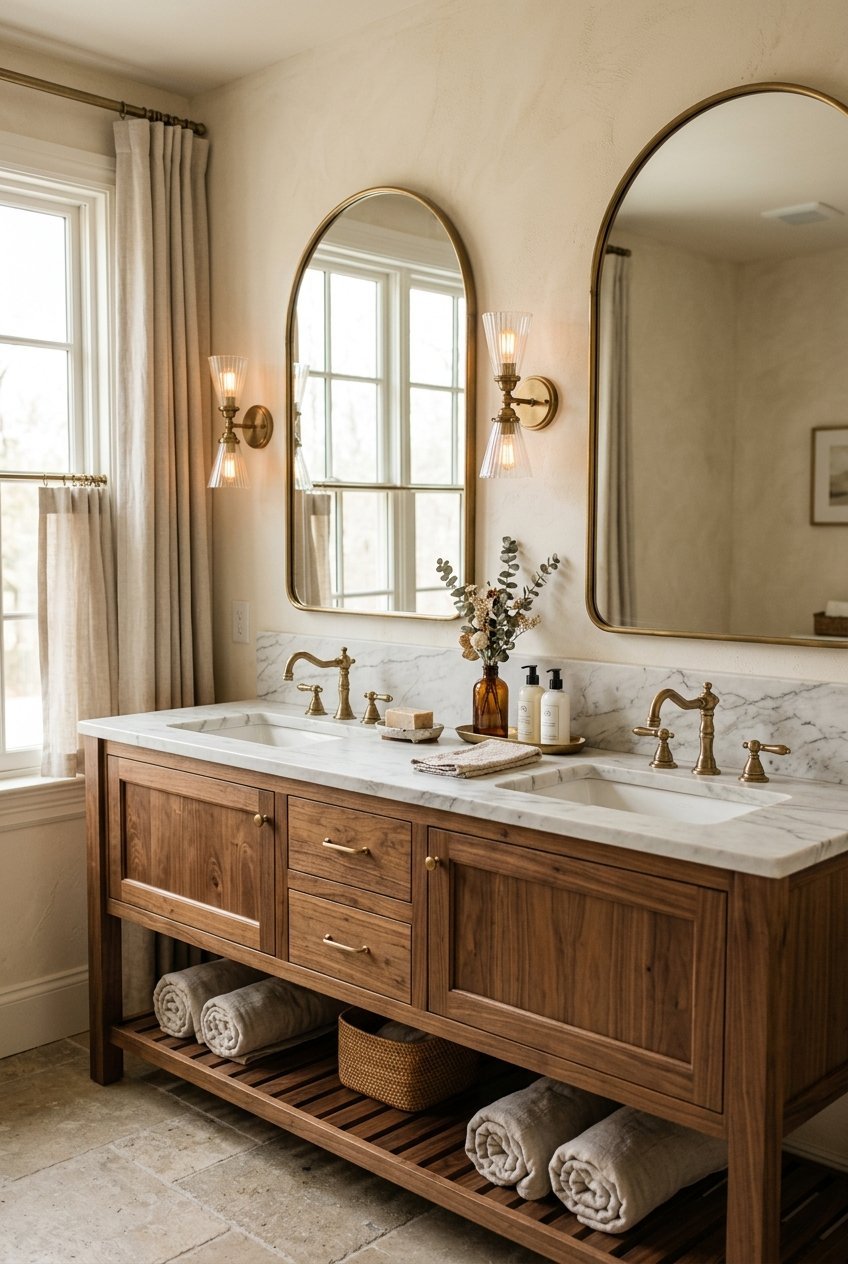 Double vanity with a statement arched mirror in a luxury bathroom