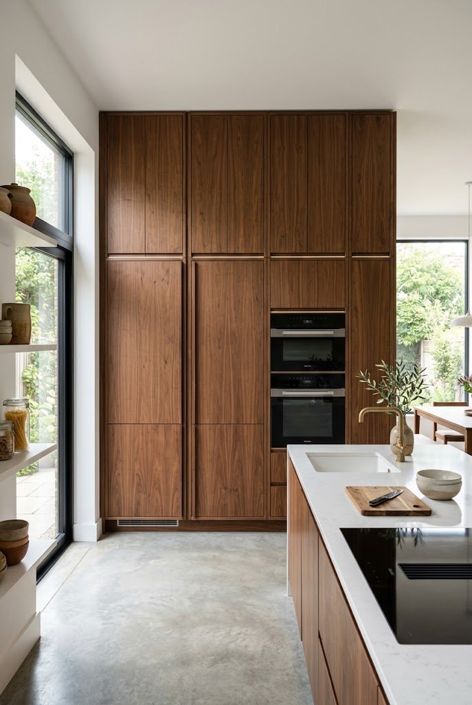 Floor to ceiling pantry cabinets in a modern kitchen