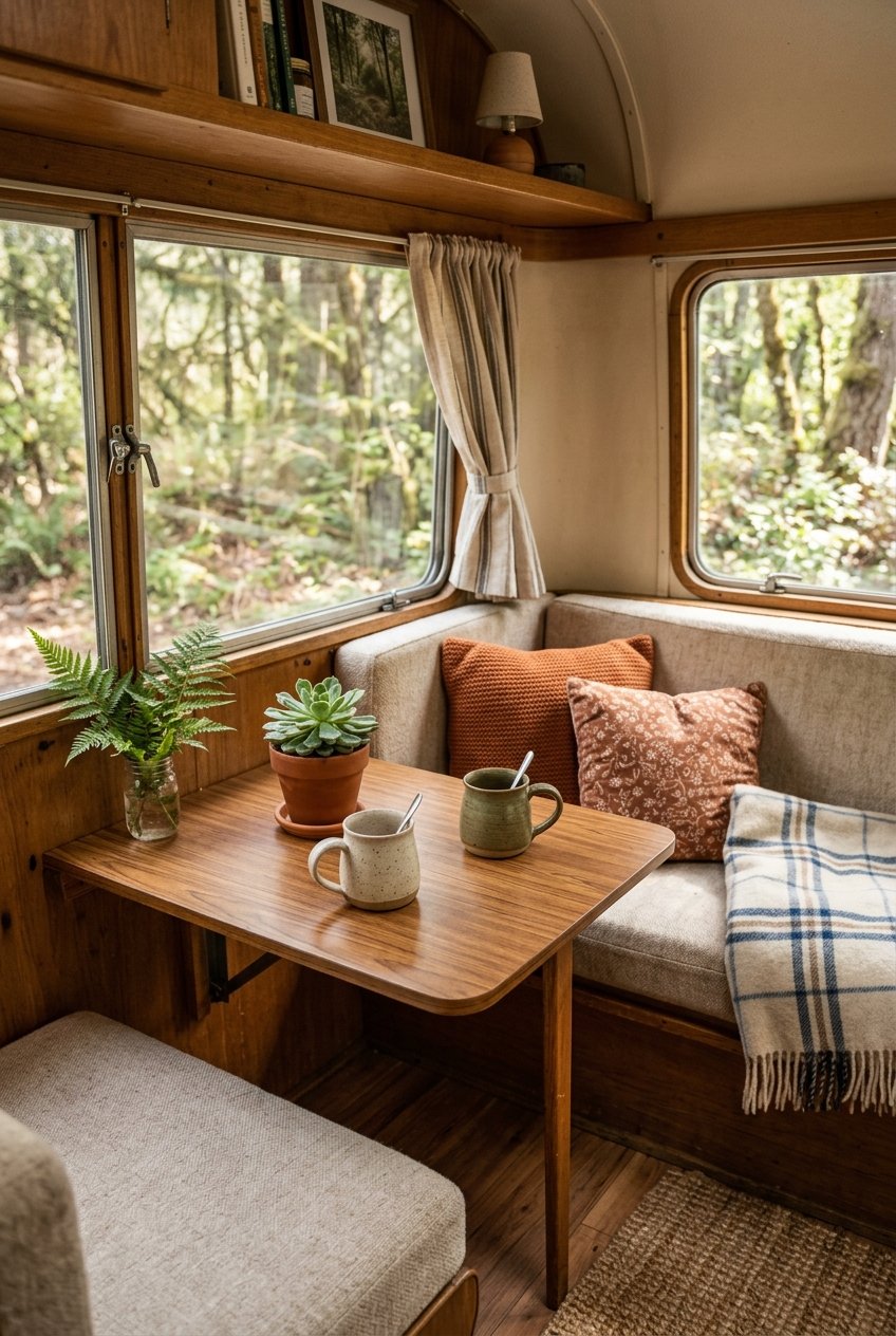 Fold away drop down table in a small camper dining nook