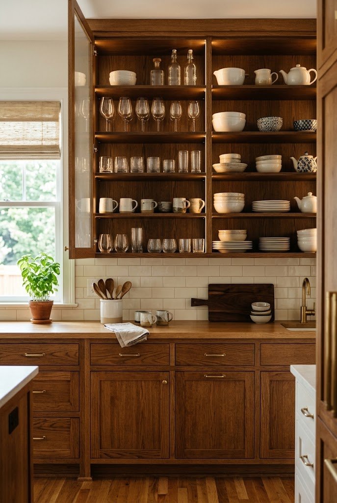 Glass front upper kitchen cabinets displaying curated glassware