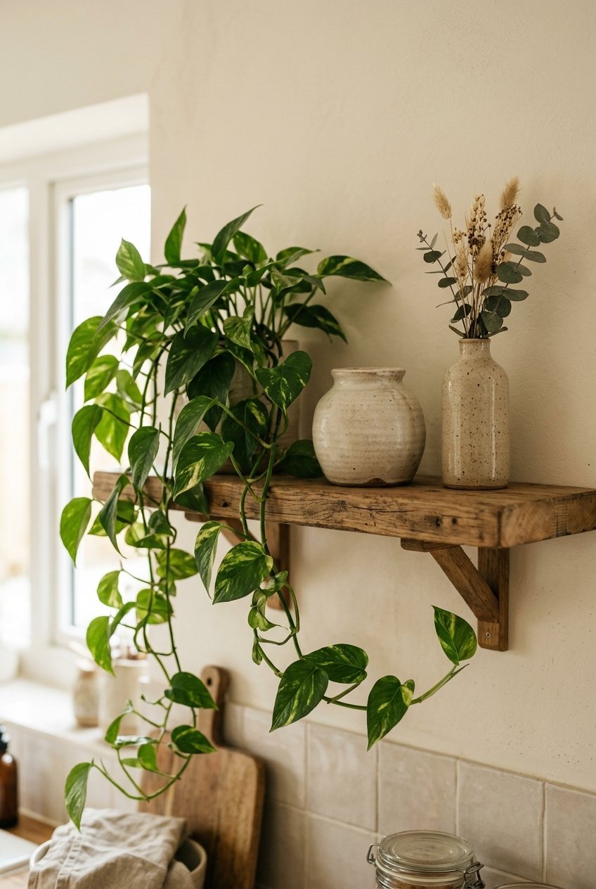Greenery and ceramic accents styled on a small kitchen shelf