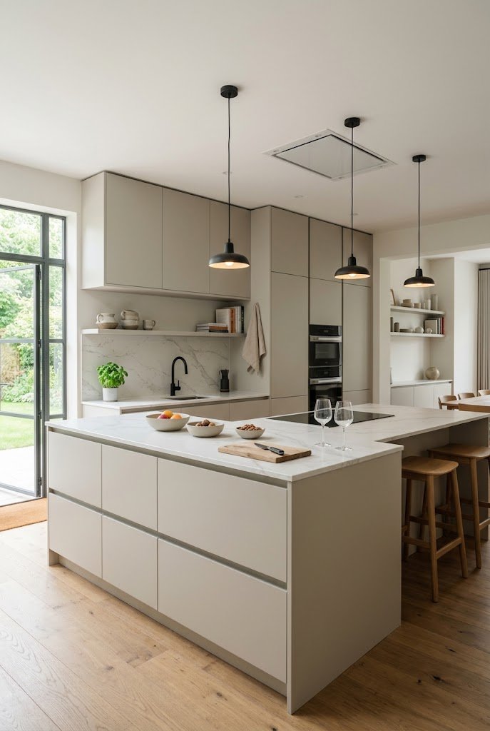 Handleless slab-front kitchen cabinets in a clean modern design