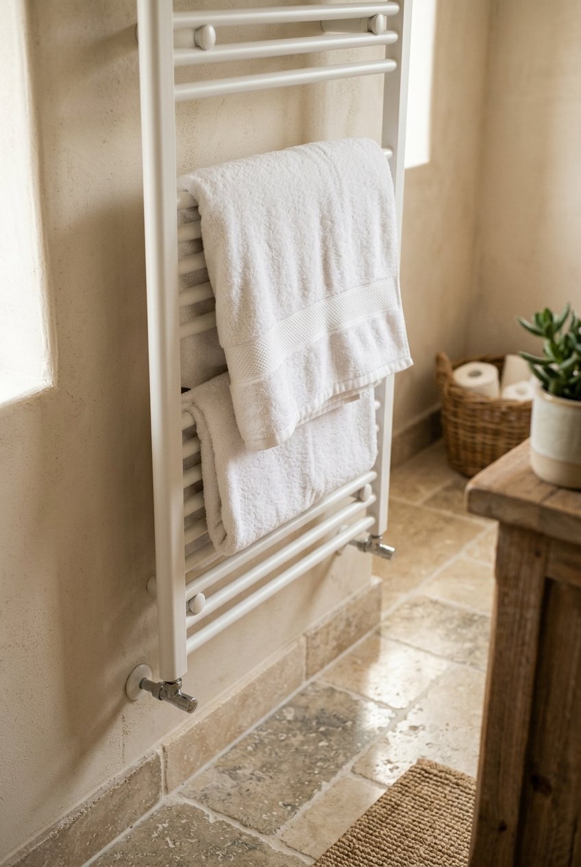 Heated towel warmer and warm stone floor in a luxury bathroom
