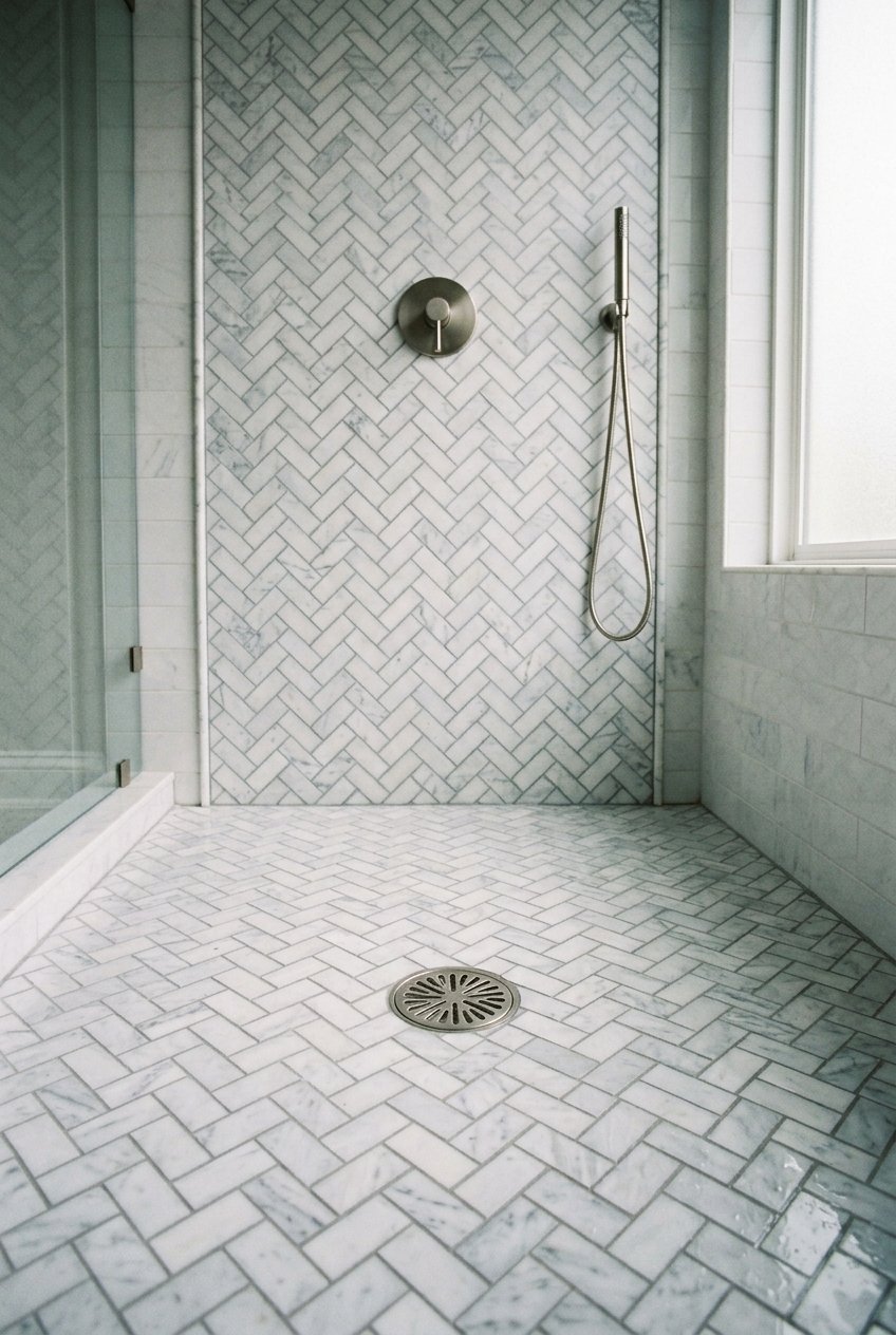 Herringbone pattern tile on a bathroom shower floor