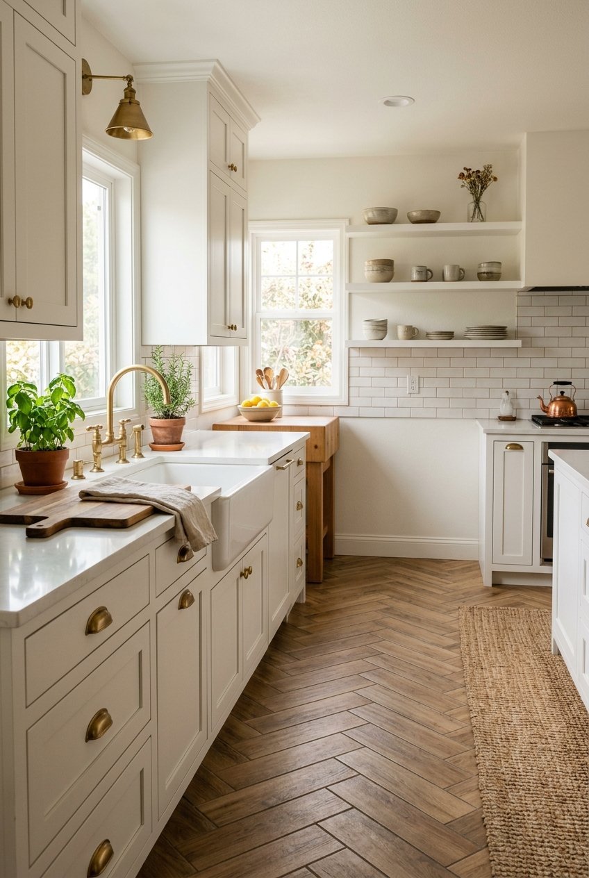 Herringbone laid tile flooring pattern in a kitchen
