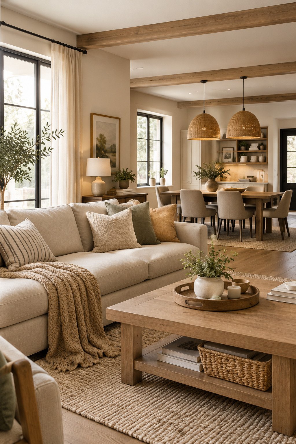 House interior design ideas shown in an open living and dining space with warm neutral tones