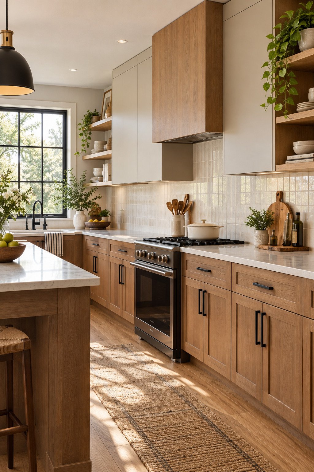 Kitchen cabinet design ideas shown in a modern kitchen with mixed cabinet styles