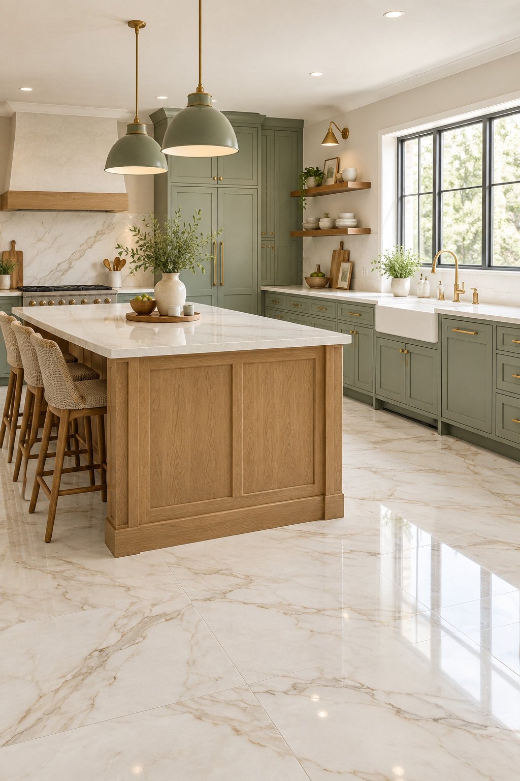 Kitchen floor tile ideas shown in a bright kitchen with large-format marble look tile
