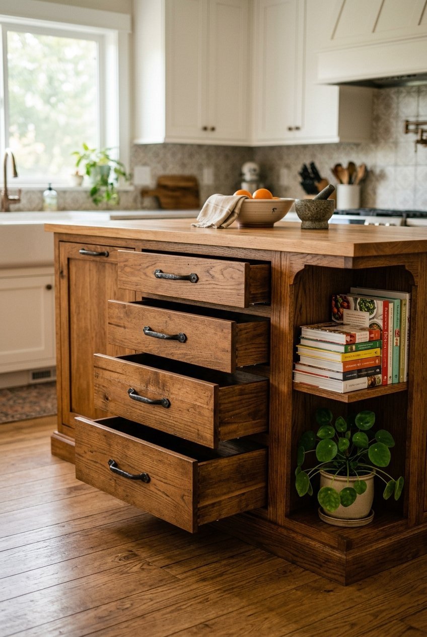 Kitchen island with deep drawers and an open shelf on the end for storage