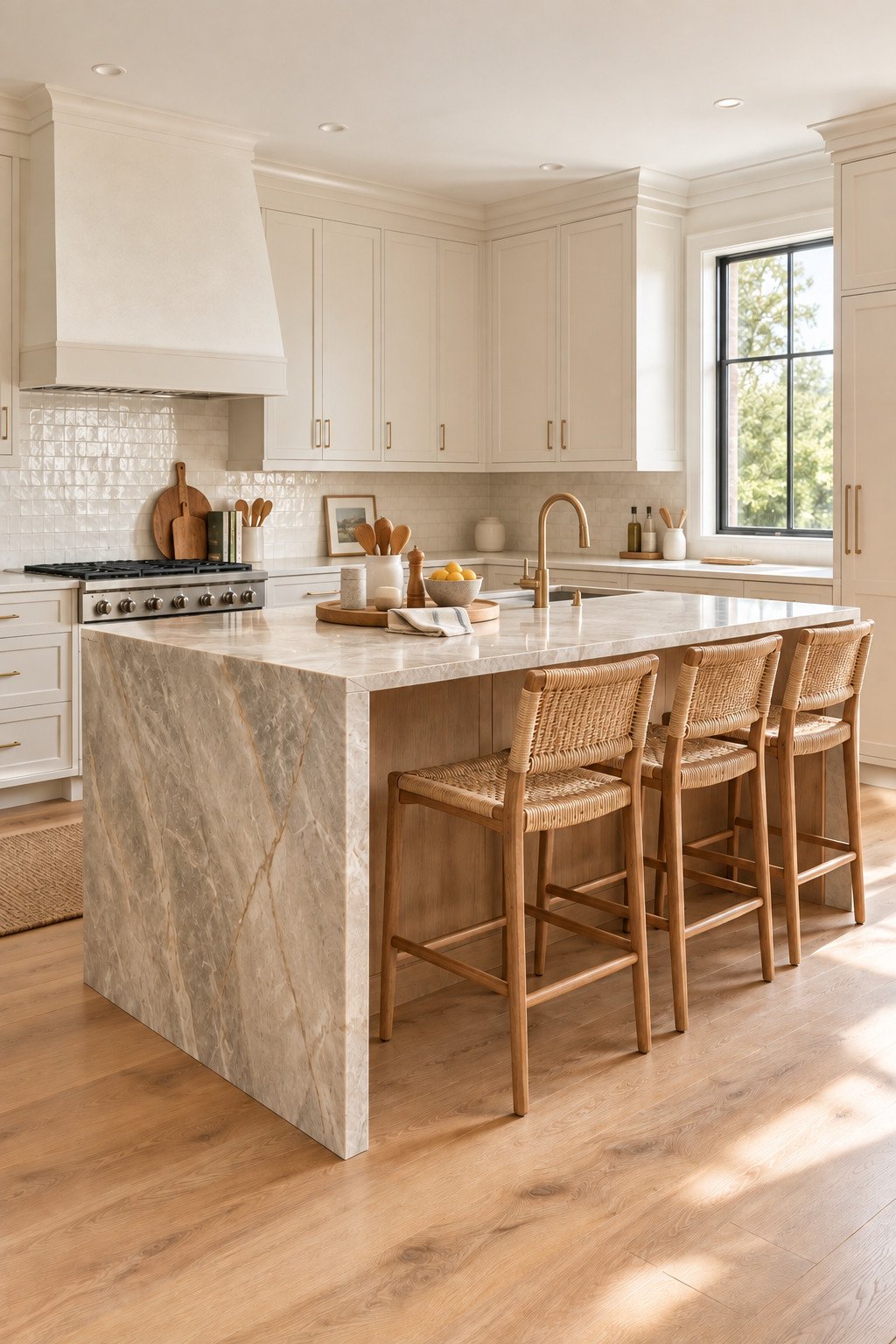 Kitchen island design with a waterfall stone countertop and wood stools in a bright kitchen