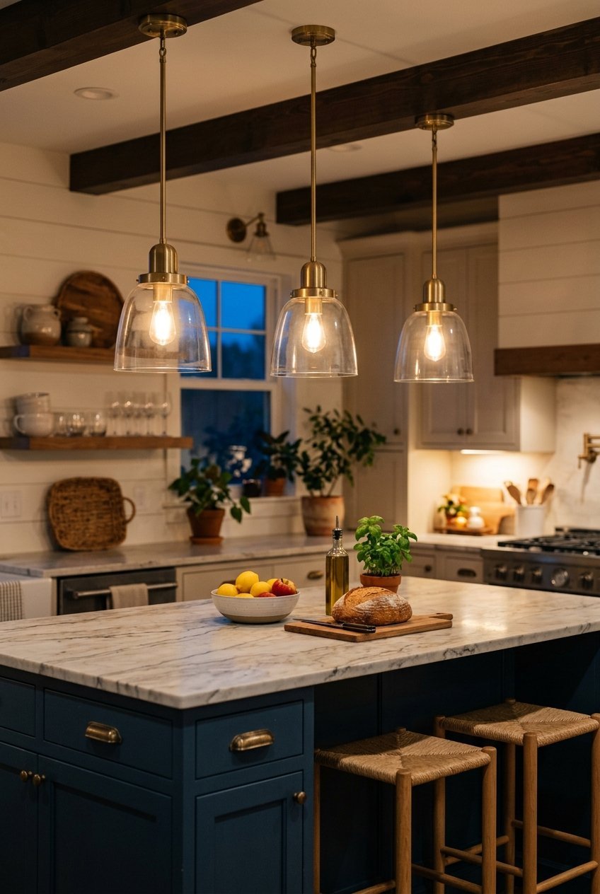 Three pendant lights hanging evenly over a kitchen island