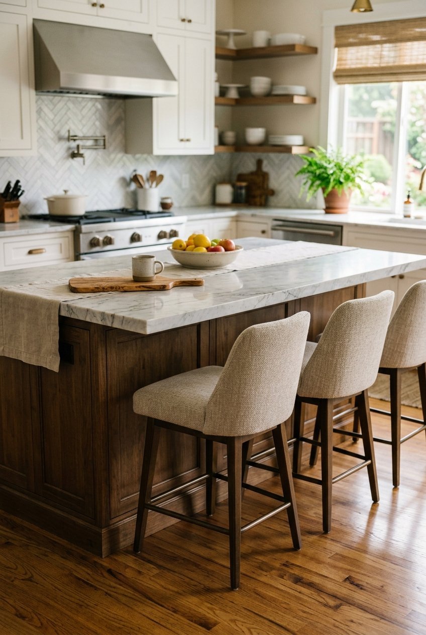 Kitchen island with a comfortable seating overhang and three counter stools