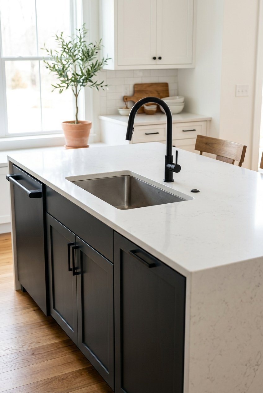 Kitchen island with a built-in sink and matte black faucet