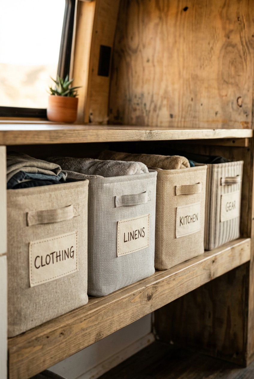 Labeled storage bins organized on a camper shelf for quick access