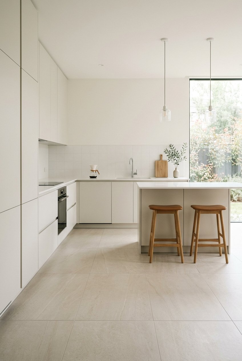 Large format neutral porcelain tile flooring in a minimalist kitchen