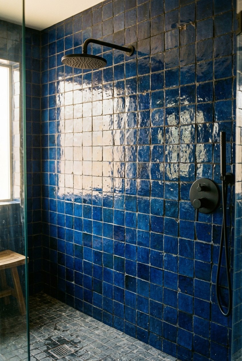 Large format slab tile shower with a seamless minimal look