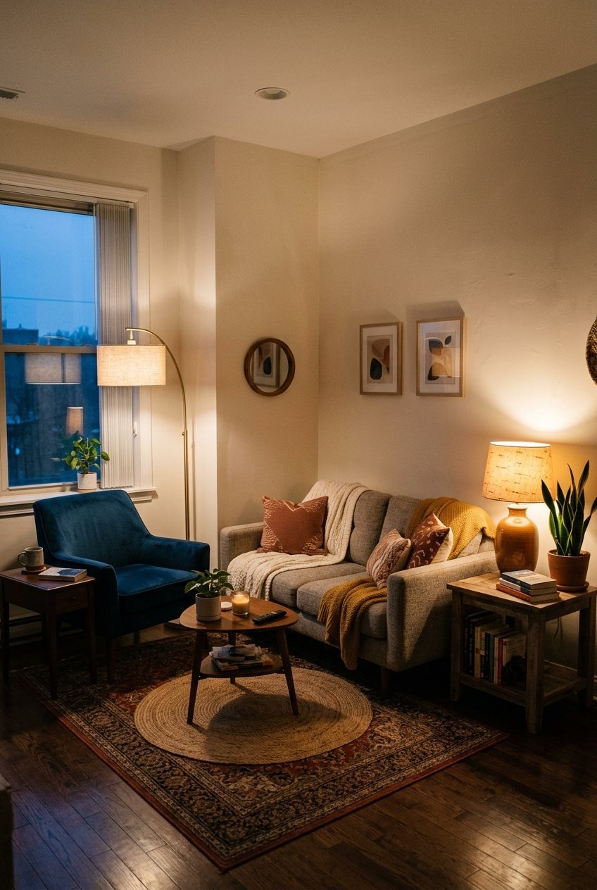 Layered lighting with a floor lamp and table lamp in a small apartment