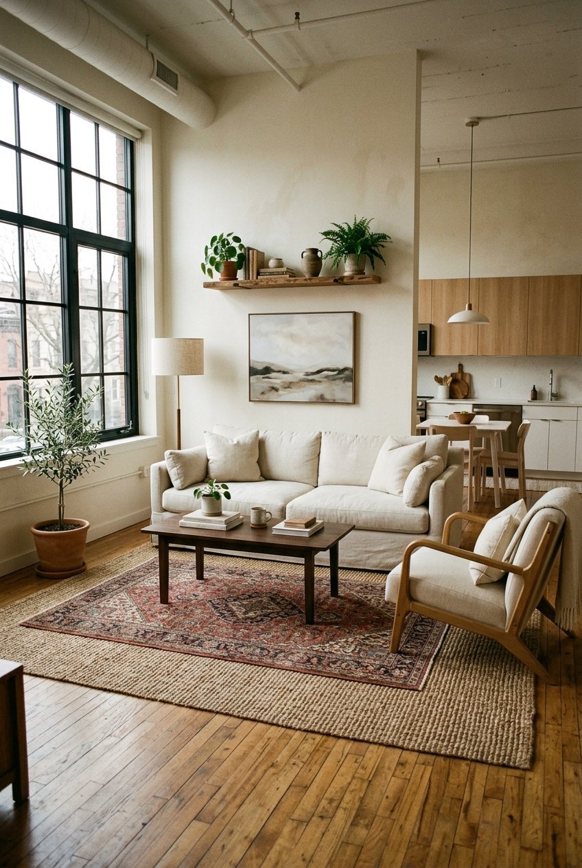 Layered rugs zoning an open layout apartment living space