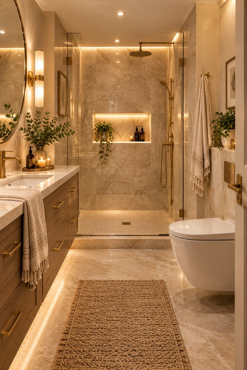 Luxury bathroom ideas shown in a spa-like bathroom with a freestanding tub and natural stone