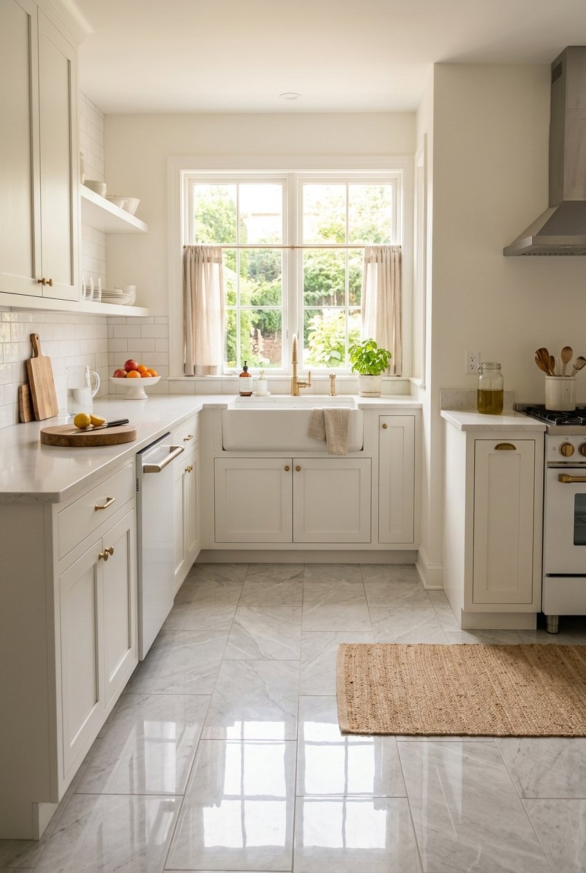 Marble look porcelain tile flooring in a bright kitchen