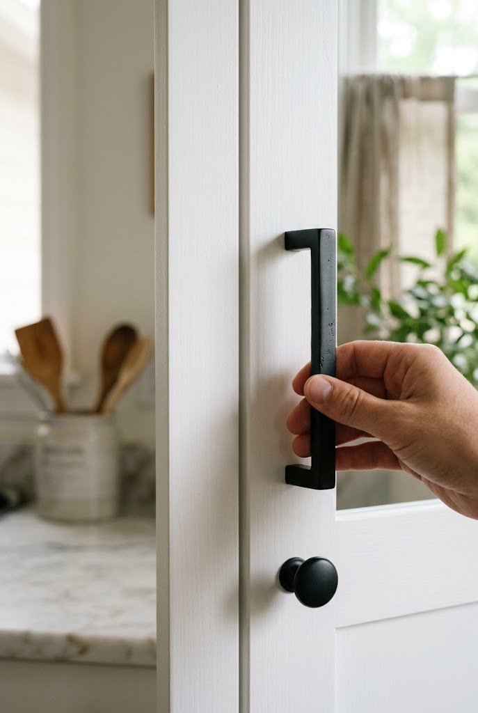 Close-up of matte black cabinet hardware on kitchen cabinets