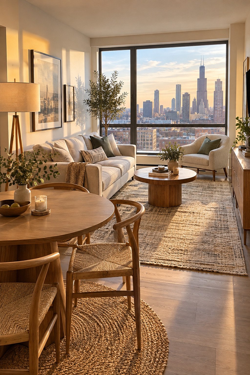 Modern apartment decor ideas shown in a small stylish living and dining space with a city view