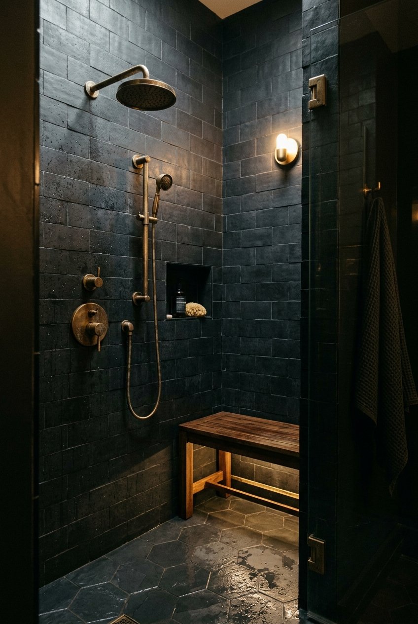 Moody charcoal black tile shower with brass fixtures