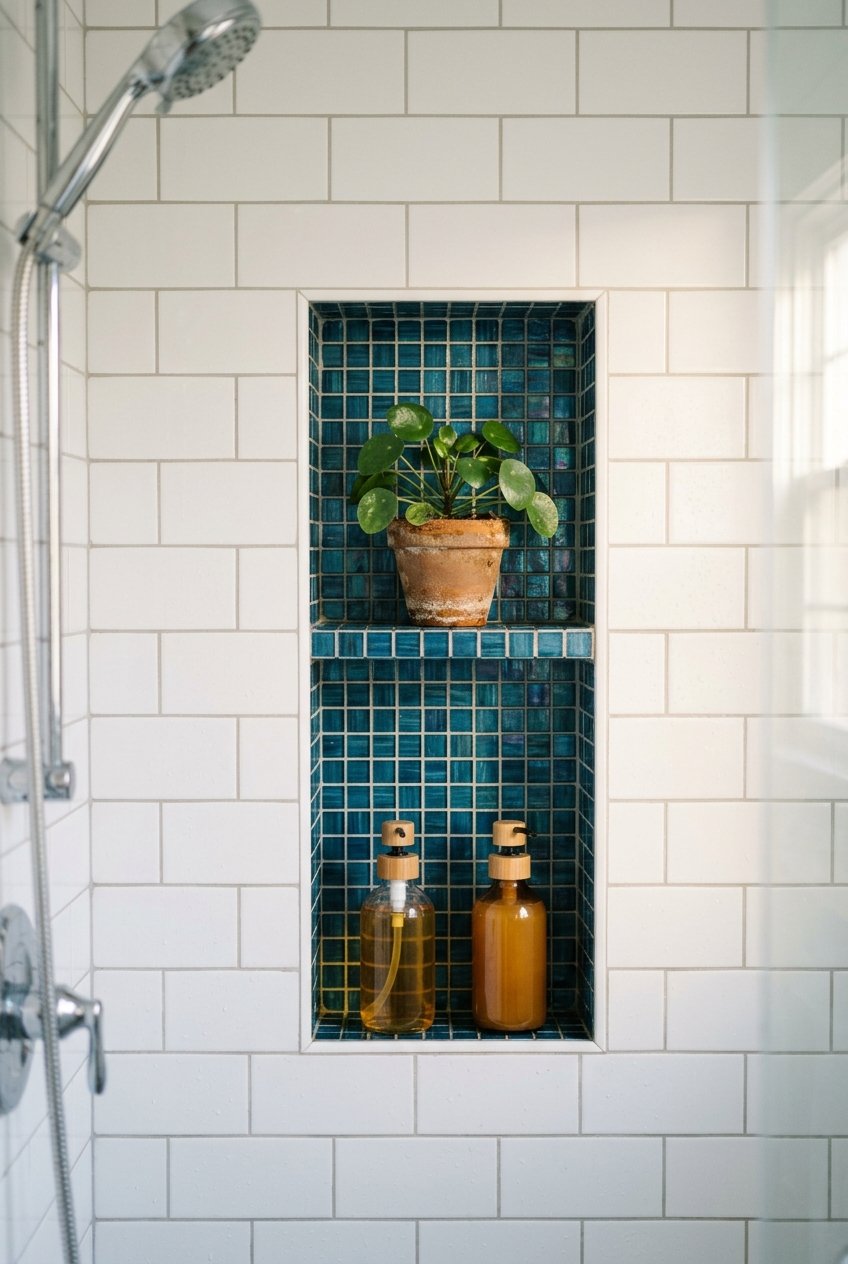 Mosaic tile accent niche in a bathroom shower wall