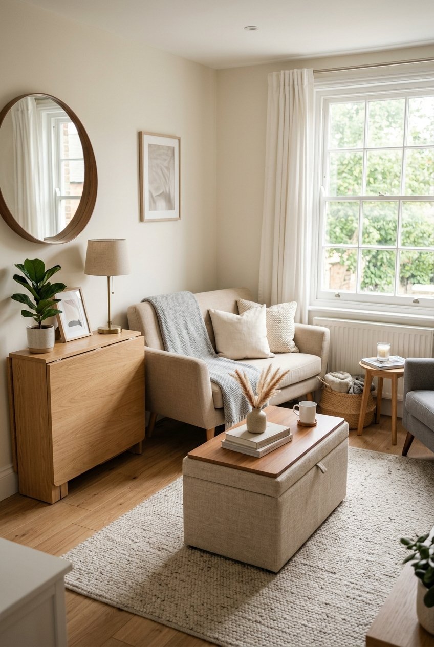 Multi-functional furniture including a storage ottoman in a small apartment