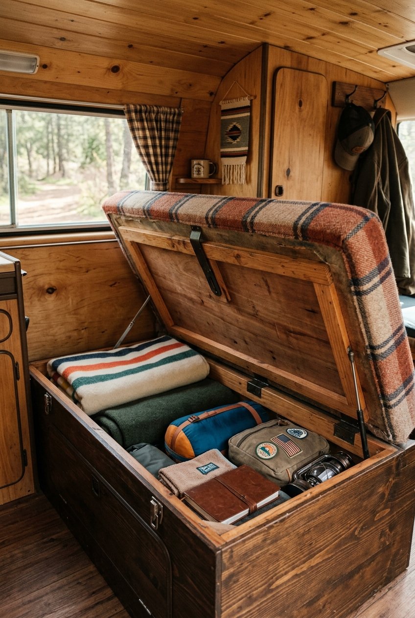 Camper bench seat with built in storage compartment lifted open