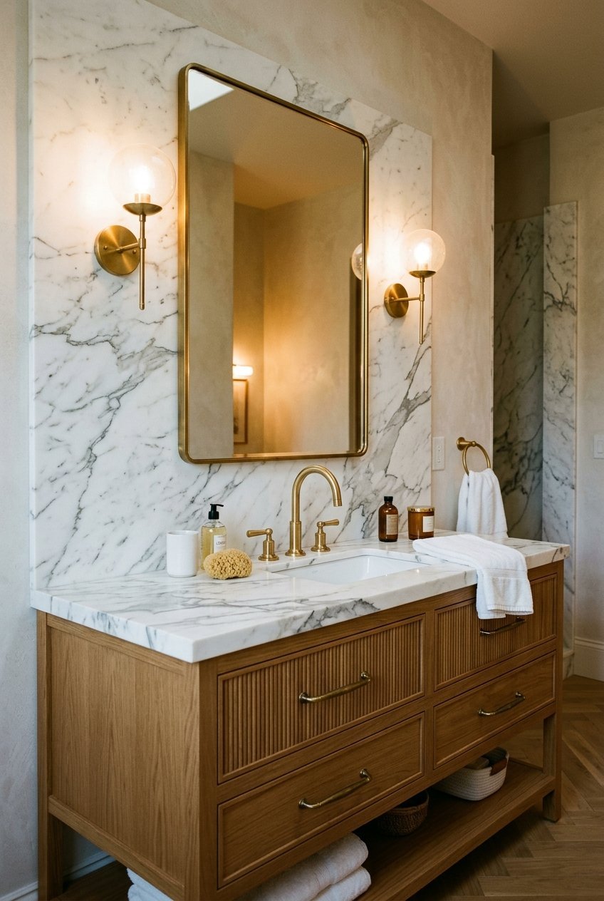 Natural stone and marble surfaces in a luxury bathroom vanity